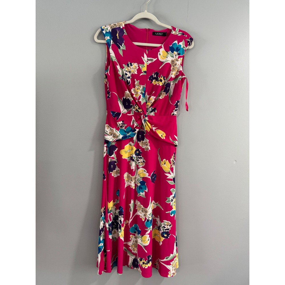 Lauren Ralph Lauren Floral Dress Sleeveless Twist Front Pink Yellow Blue‎